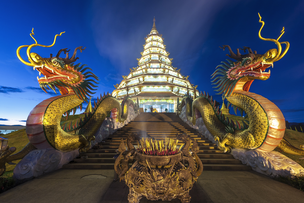 Things to do in Chiang Rai, Thailand: Wat Huay Pla Kung lit up at night